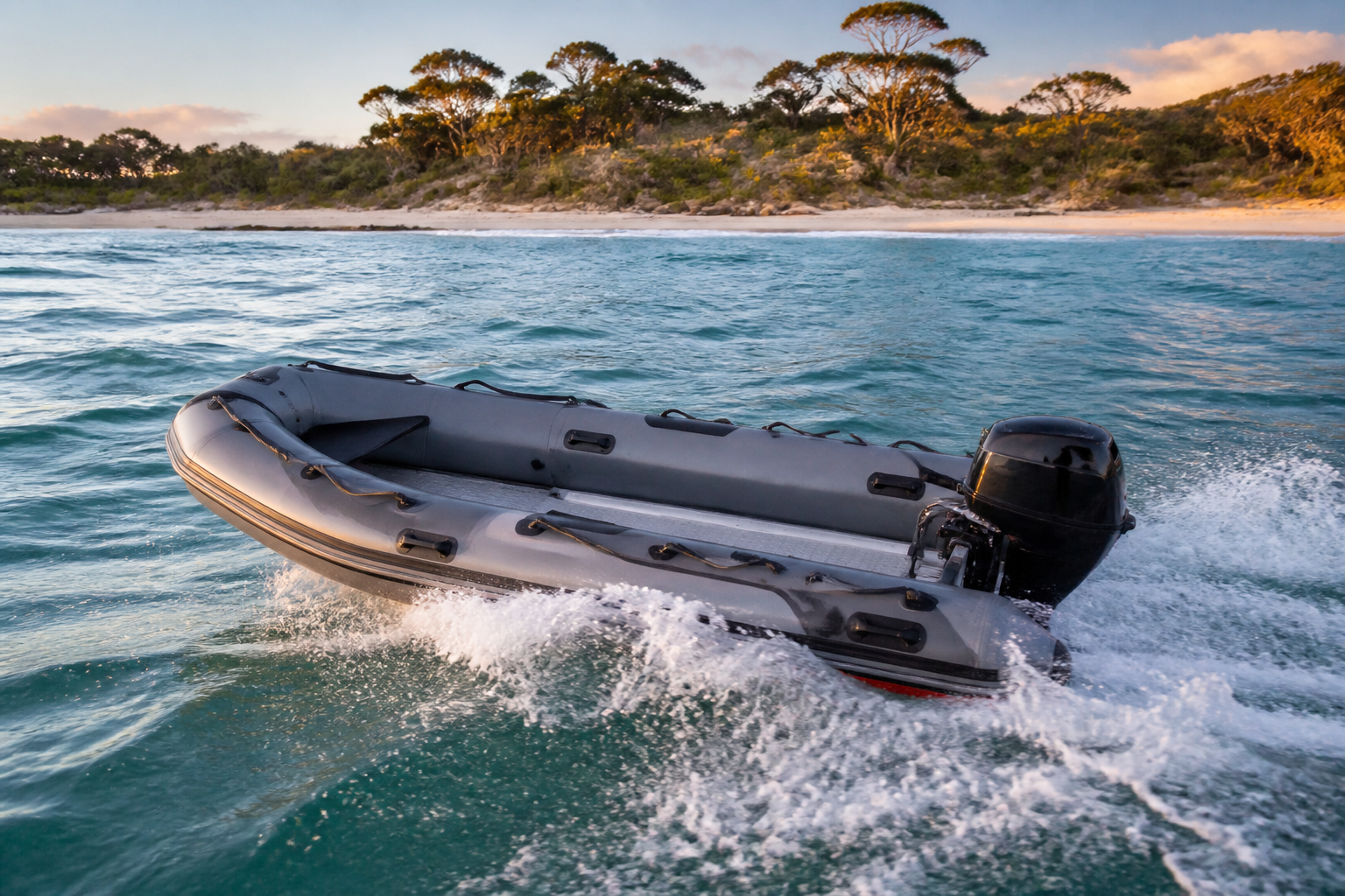 Aerowave Sport Series Offshore inflatable tender cutting through choppier waters in an Australian bay, featuring a deep-V hull and a small black outboard.