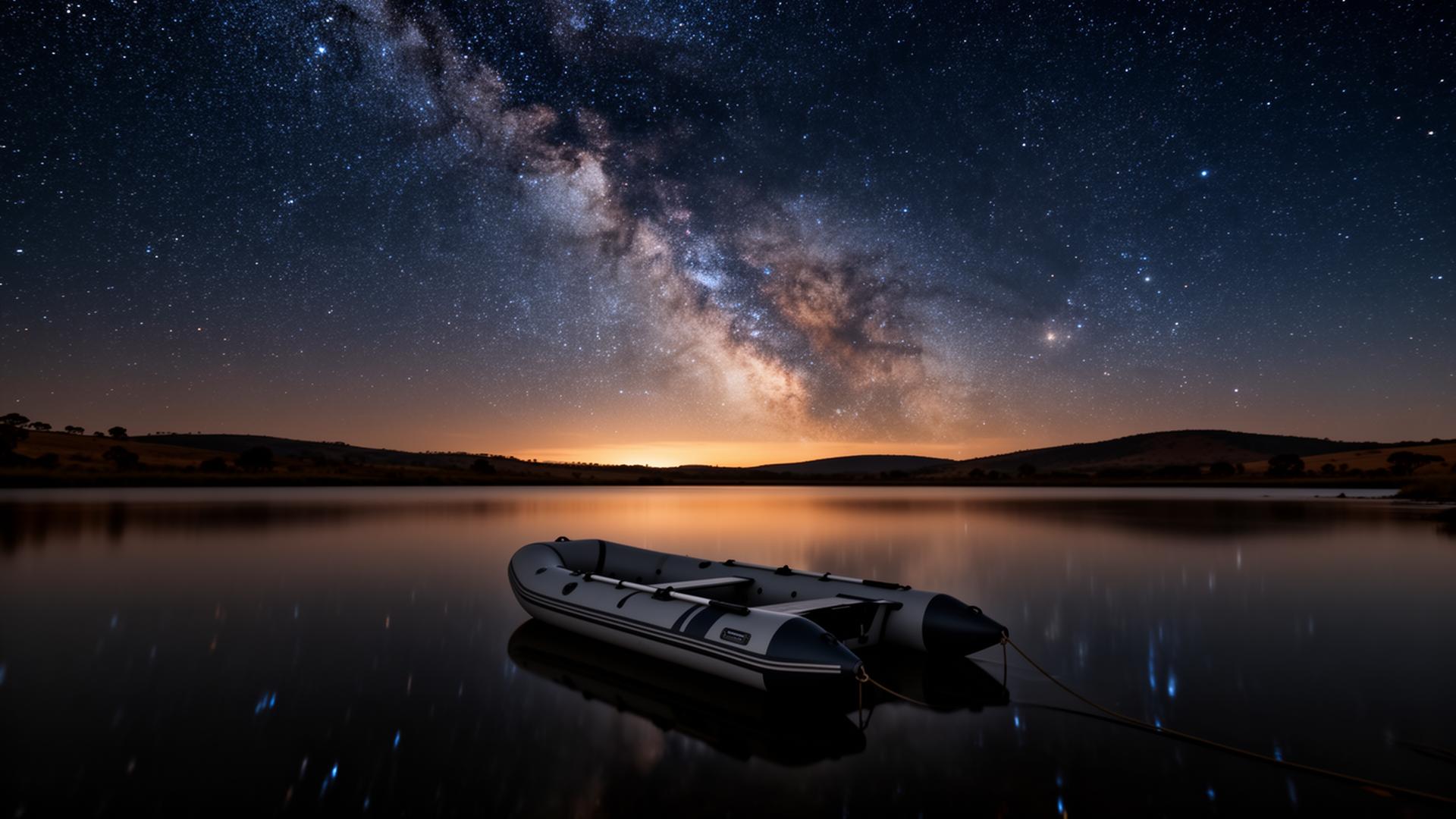 Milky Way over an inflatable catamaran at anchor in a dark Australian estuary