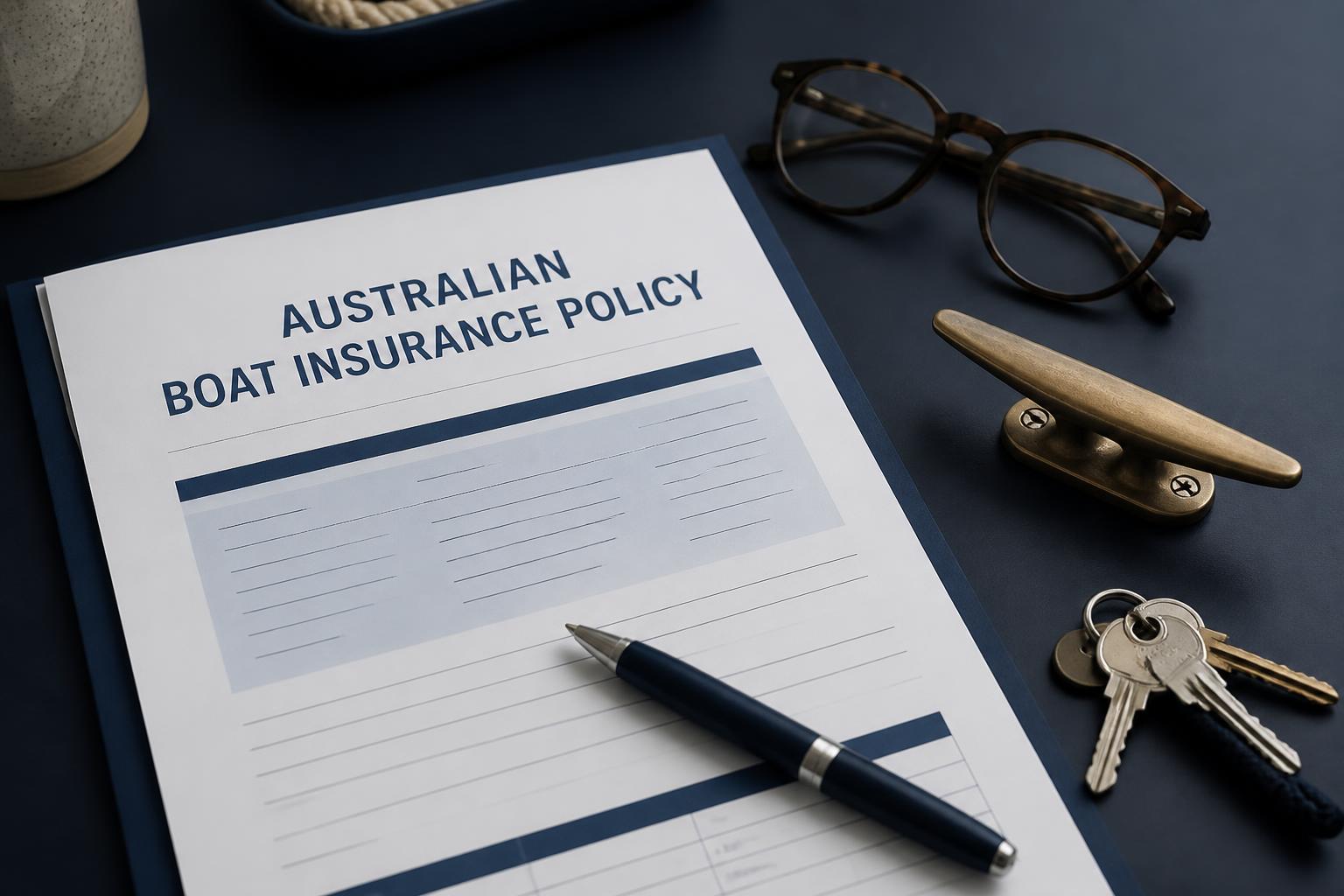 Australian boat insurance policy document with pen, glasses, boat keys and a brass cleat on a navy desk