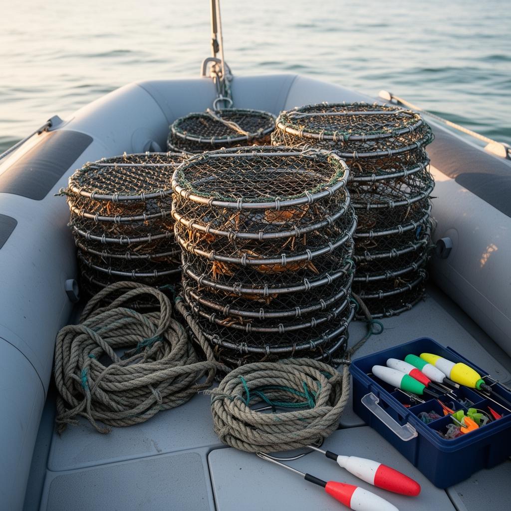 Stacked round mud crab pots, ropes and float markers on the deck of an inflatable catamaran