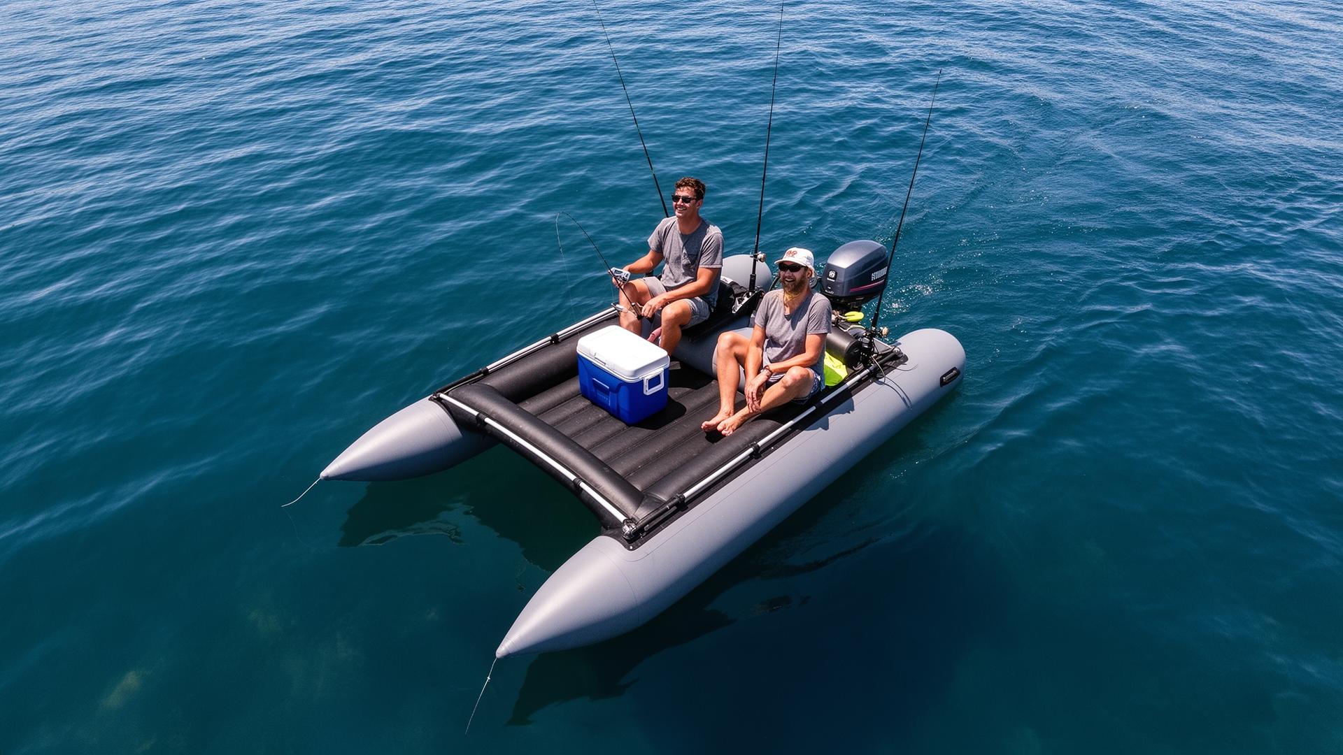 Drone view of a soft inflatable catamaran with two anglers and gear sitting well within its capacity on calm Australian water