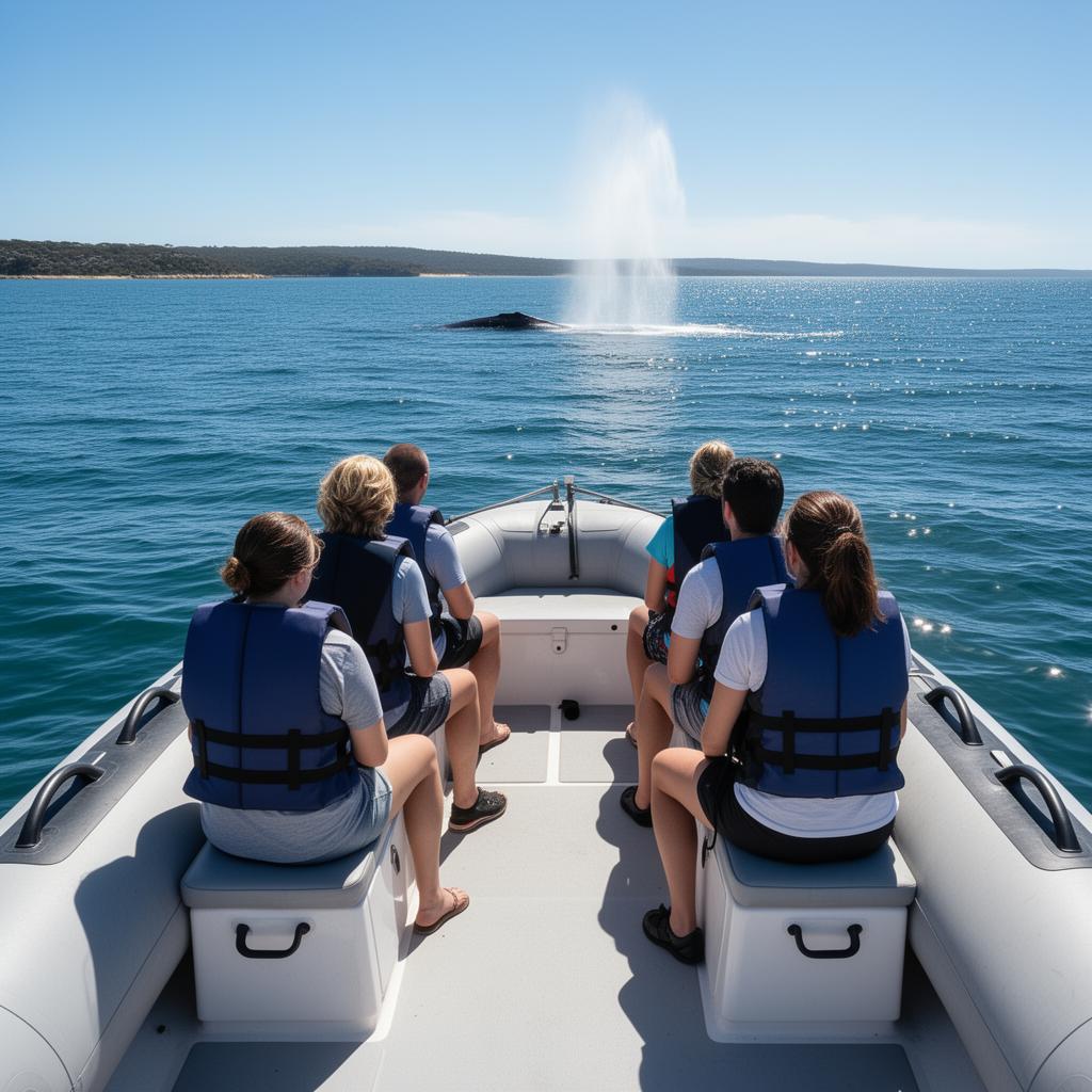 View from inside an inflatable catamaran of passengers in life jackets watching a whale spout off the Australian coast