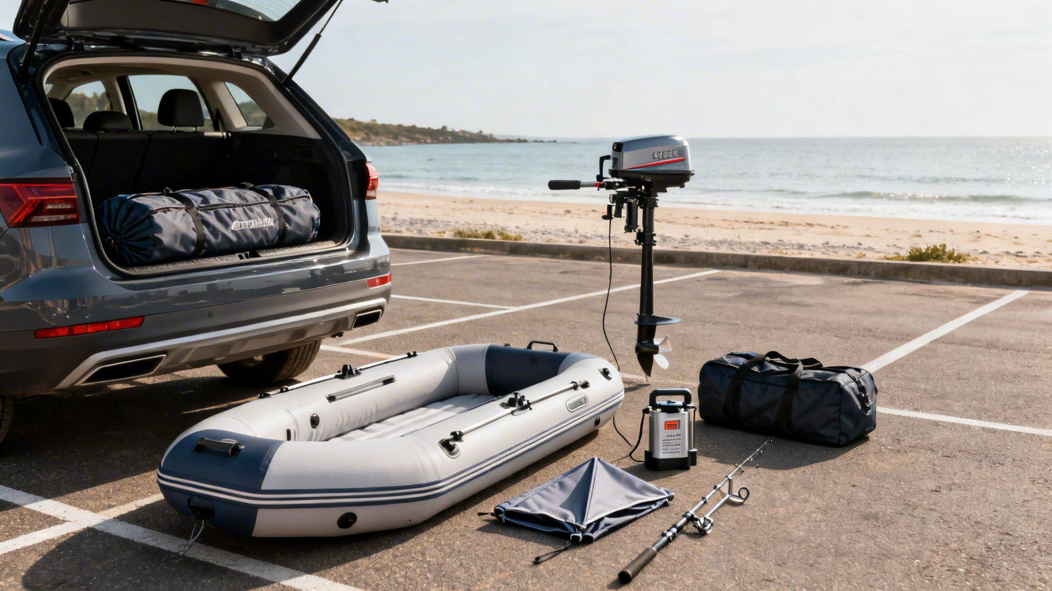 Boating gear, including an inflatable dinghy and motor, laid out next to an SUV at a sunny beach.