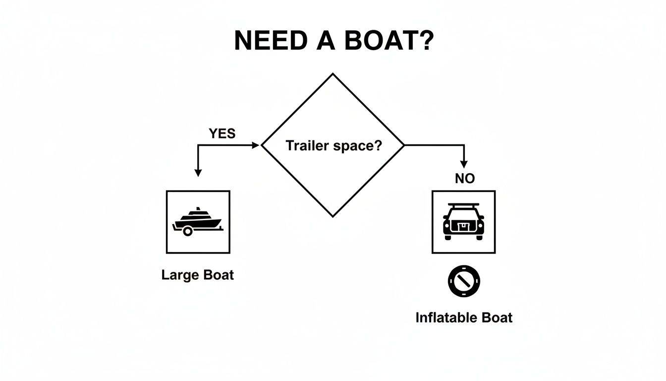 A flowchart titled 'NEED A BOAT?' guides the user to choose between a large boat (with trailer space) or an inflatable boat (no trailer space).