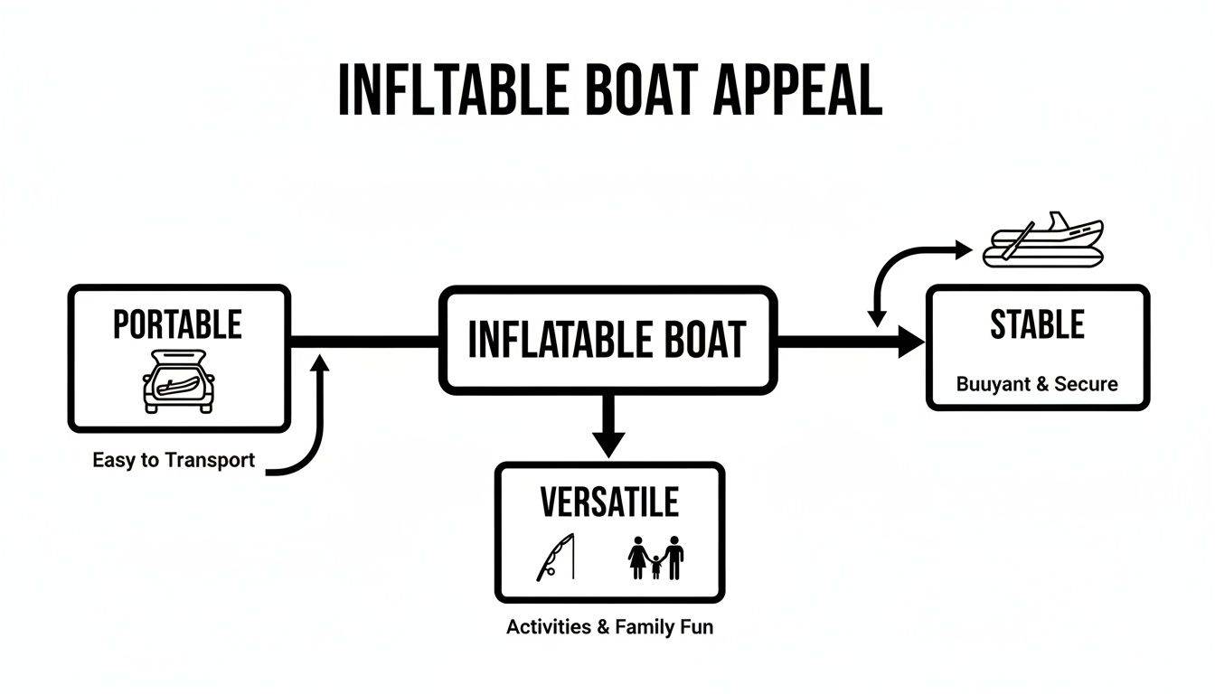Flowchart outlining the appeals of an inflatable boat, highlighting its portability, stability, and versatility.