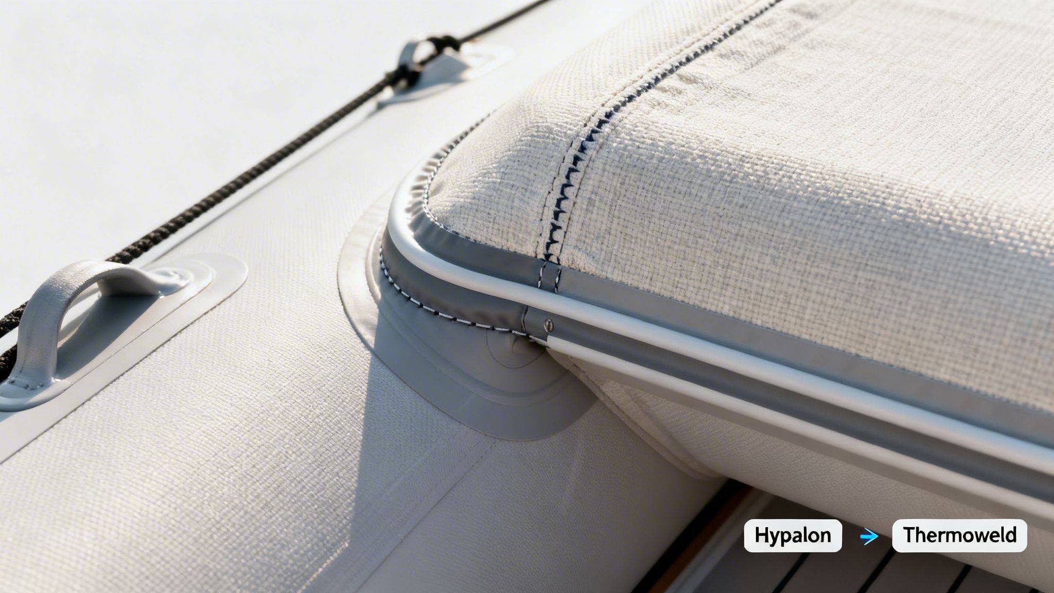 Close-up of a white inflatable boat showing textured material, a handle, rope, and seam detail.