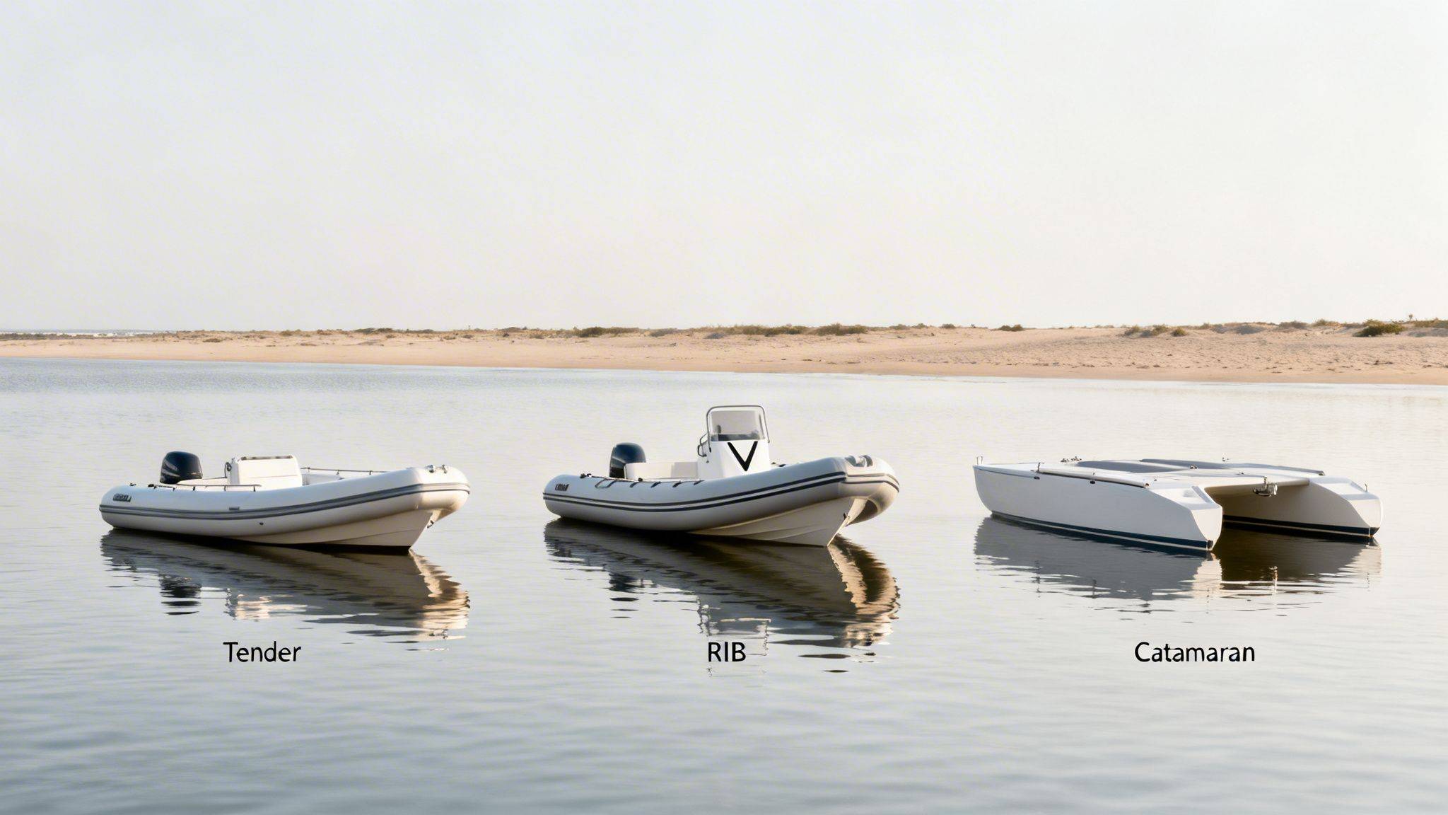Three boats, a tender, a RIB, and a catamaran, float on calm water near a sandy beach.