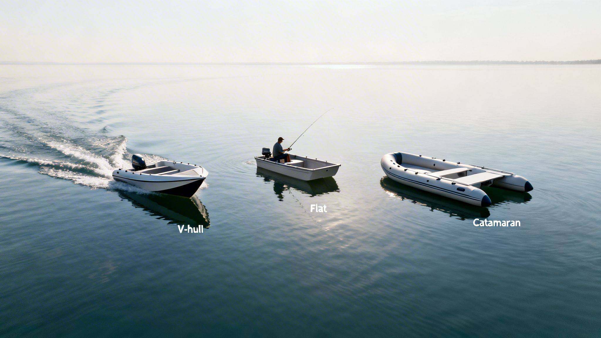 Three different types of boats, a V-hull, flat-bottom, and catamaran, on calm water.