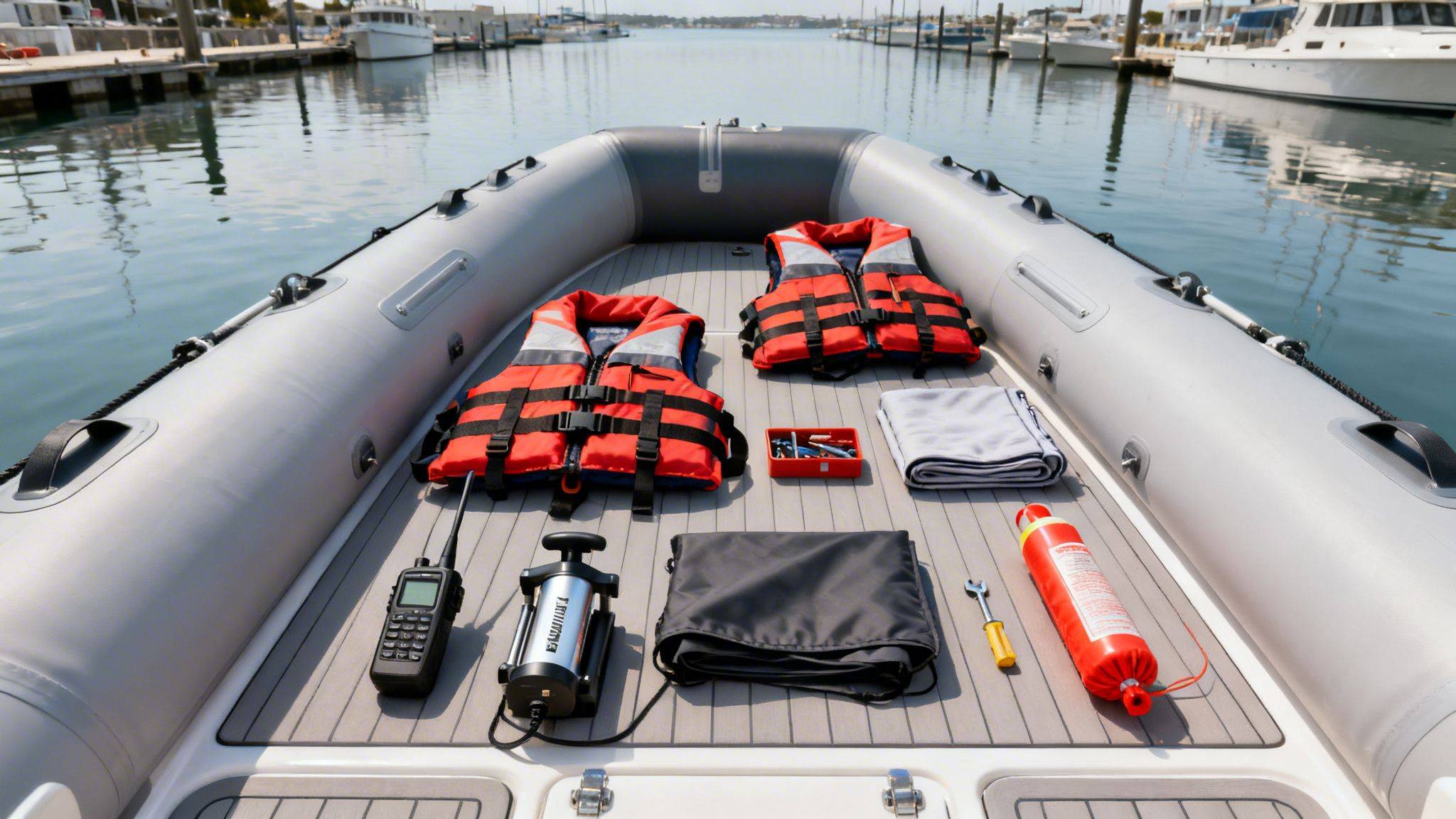 A top-down view inside an inflatable rescue boat with essential safety gear laid out on deck in a marina.