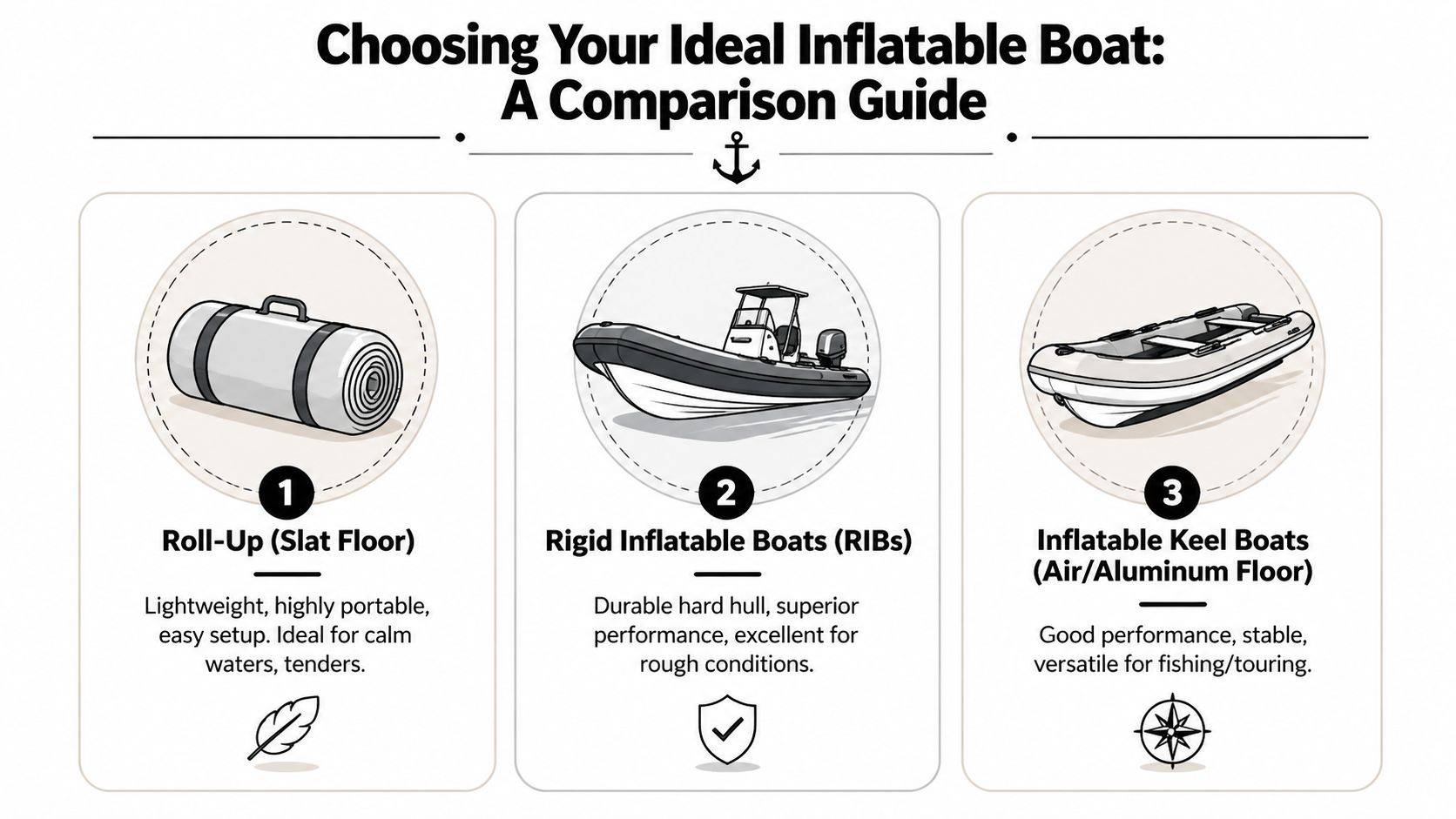 A comparison guide for choosing the ideal inflatable boat, showing roll-up, rigid, and inflatable keel boat options.