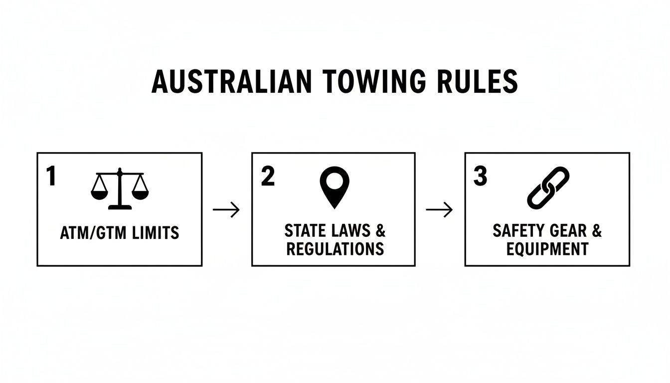 Flowchart illustrating Australian towing rules: ATM/GTM limits, state laws, and safety gear requirements.