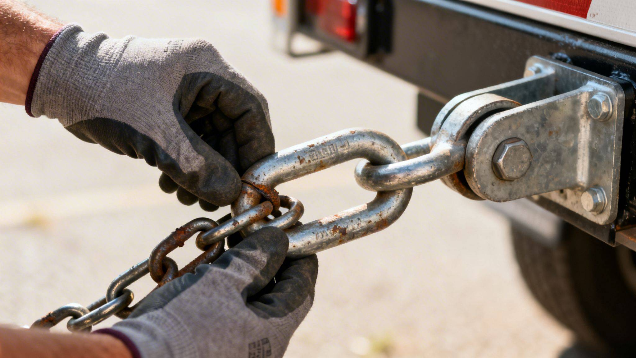 A person wearing work gloves secures a safety chain for a trailer to a metal hitch mount.