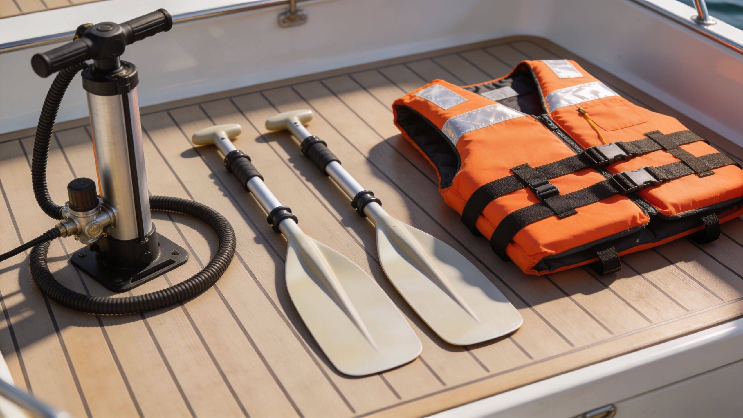 An orange life vest, two paddles, and an air pump arranged on a boat deck