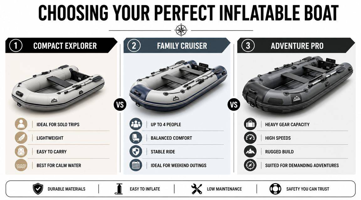 A comparison guide for choosing between three different types of inflatable motorised boats for various uses.