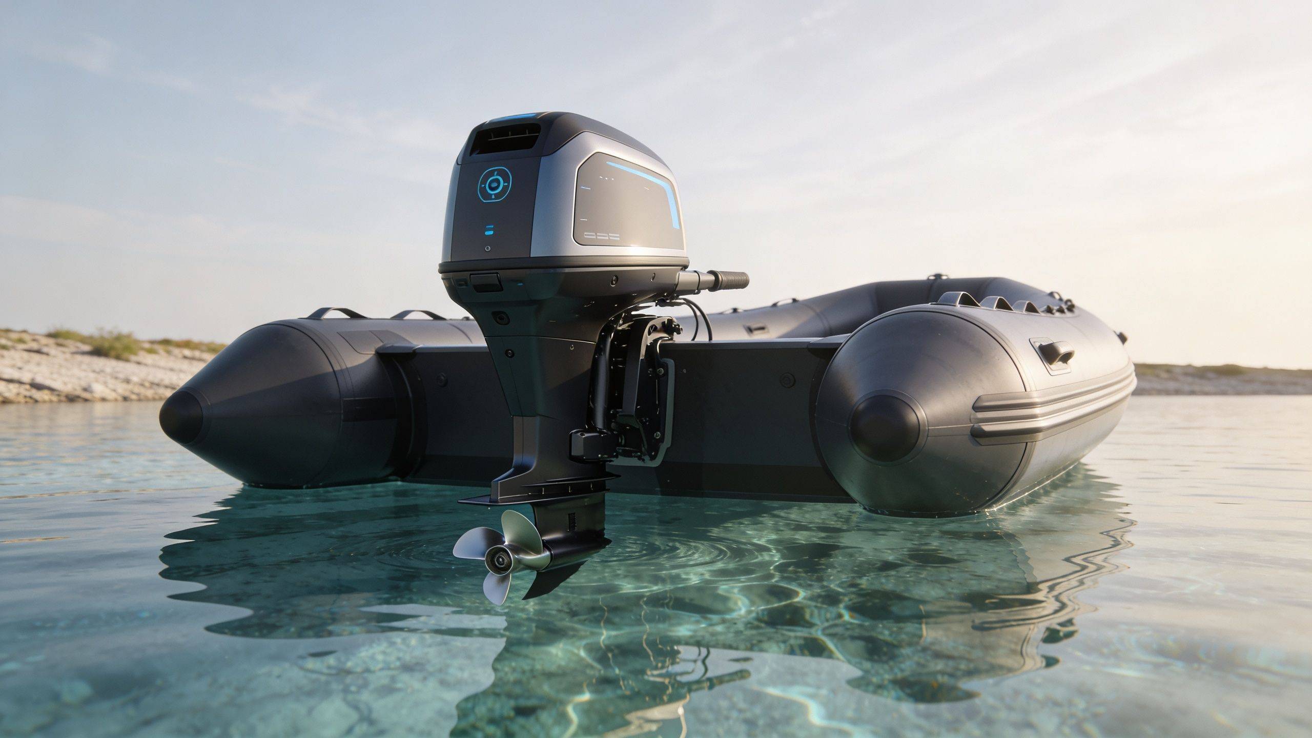A modern electric outboard motor mounted on a dark inflatable boat in clear, shallow coastal water.